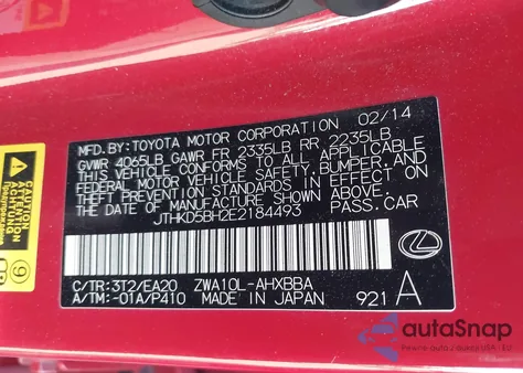2014 Lexus Ct 200H from USA, damaged, VIN JTHKD5BH2E2184493